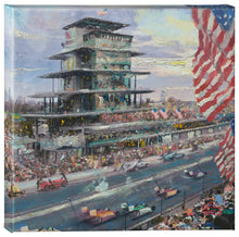 Load image into Gallery viewer, a view of a city with a large clock tower